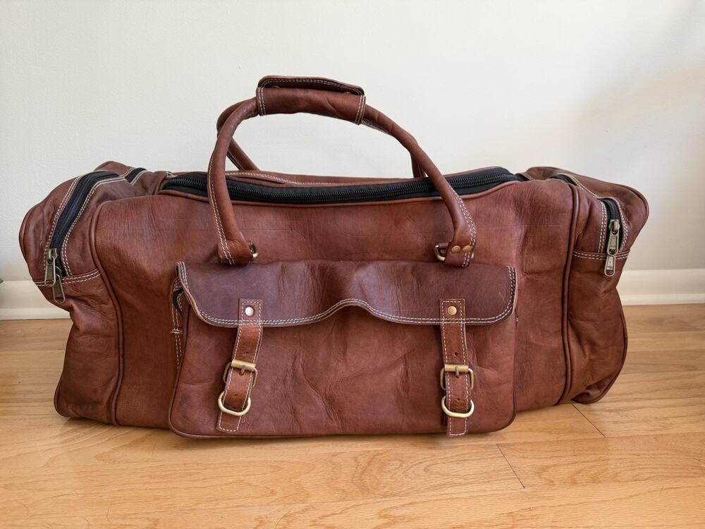MaheTri Leather Duffel Bag Large Brown Weekender Travel Overnight Luggage
